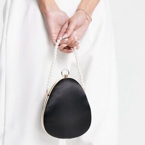 Structured Grab Bag in Black Satin with Pearl ring handle